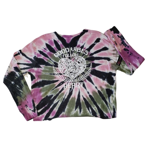 No Boundaries NWT Juniors' Cropped "Good Vibes" Tie Dye Long Sleeve Top 783 - Picture 2 of 6
